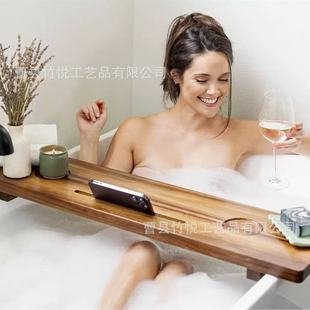 Customized Wooden Bathtub Tray Rectangular Food Wine Rack Walnut Bathroom Mobile Phone Tablet Holder Large