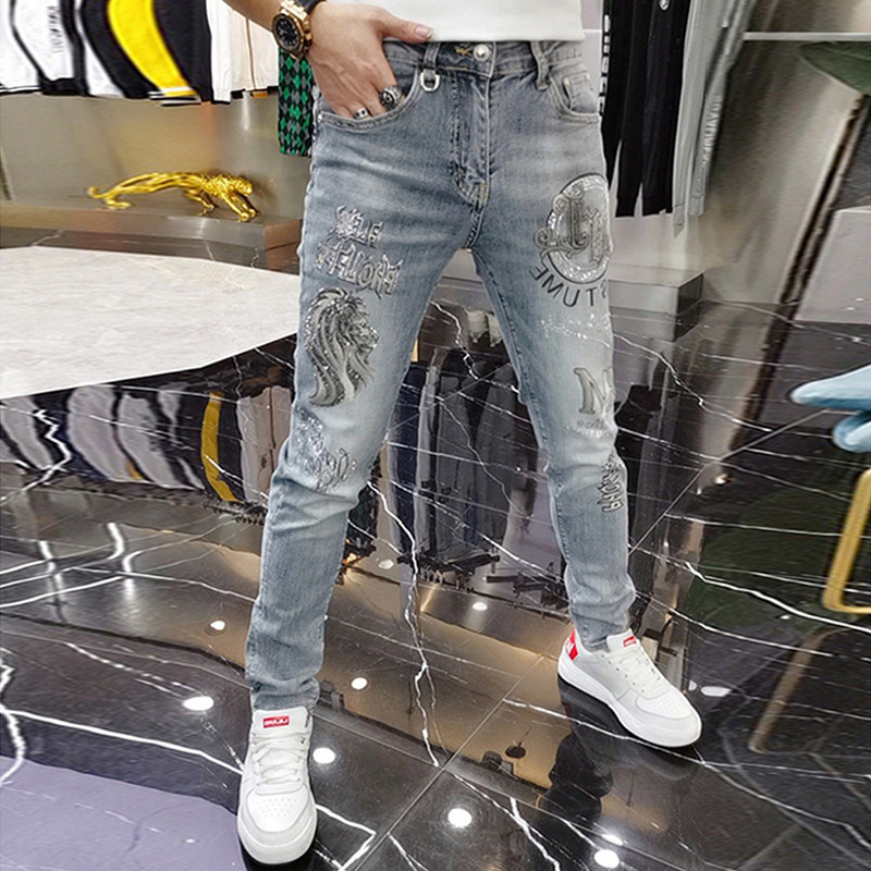 2023 Spring/Summer European Style Men's Jeans with Heavy Rhinestone Embroidery, Trendy Brand Casual Slim-Fit Skinny Pants, Fashionable 2023 Spring/Summer European Style Men's Jeans with Heavy Rhinestone Embroidery, Trendy Brand Casual Slim-Fit Skinny Pants, Fashionable