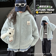 跨境童装女童毛毛衣外套开衫拉链秋冬季新款拼接格子连帽外套2025