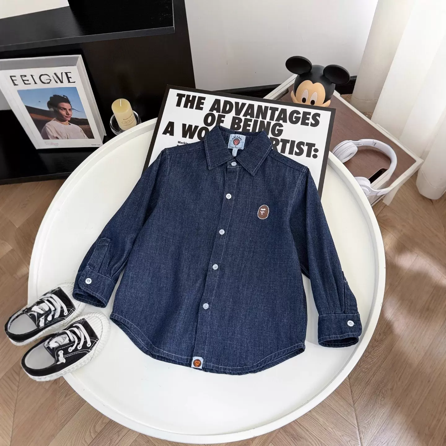 秋季新款休闲纯棉儿童长袖上衣简约大方时尚百搭精致刺绣牛仔衬衫