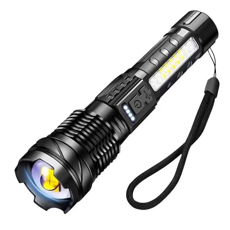 Cross-Border Popular White Laser Flashlight, Outdoor Multi-Functional Lighting, USB Rechargeable, with Side Light and Red and Blue Warning Lights Cross-Border Popular White Laser Flashlight, Outdoor Multi-Functional Lighting, USB Rechargeable, with Side Light and Red and Blue Warning Lights
