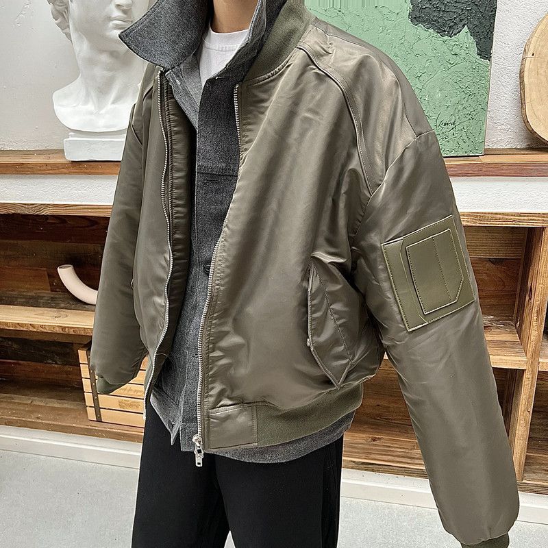 Invierno americano retro falso de dos piezas de béisbol uniforme de algodón acolchado abrigo hombres ins costura contraste color engrosado piloto de algodón acolchado abrigo de moda