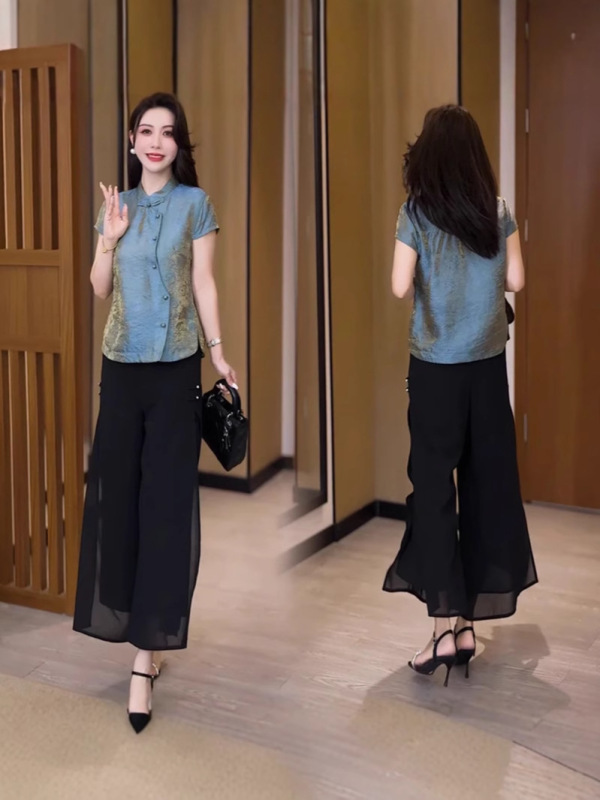 新しい中国風の女性の半袖スタンドカラーチャイナスタイルシャツトップ薄い女性のファッショナブルなTシャツ偏心ボトムシャツ大きいサイズ|undefined