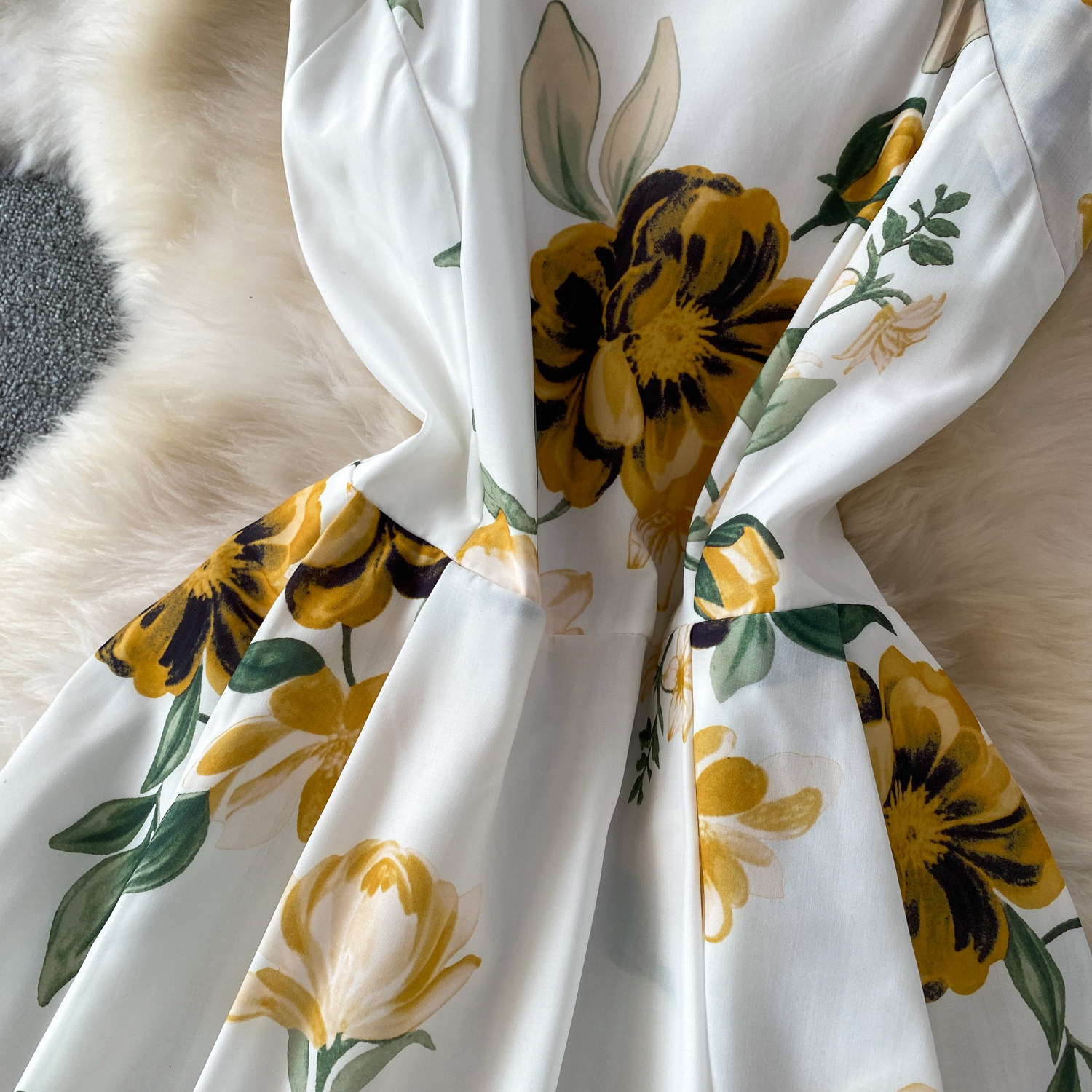 Romantic Floral Print Square Neck Dress European American Style Summer Suspender High Waist Cinching Slimming Full Skirt Women's Clothing_ecoleips.com