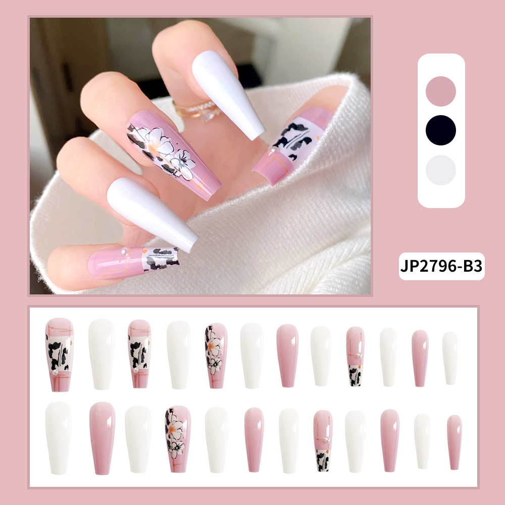 Estilo caliente europeo y americano, flores de uñas de desgaste, parche de uñas postizas de sentido avanzado, uñas de ballet trapezoidal largas, piezas de uñas al por mayor