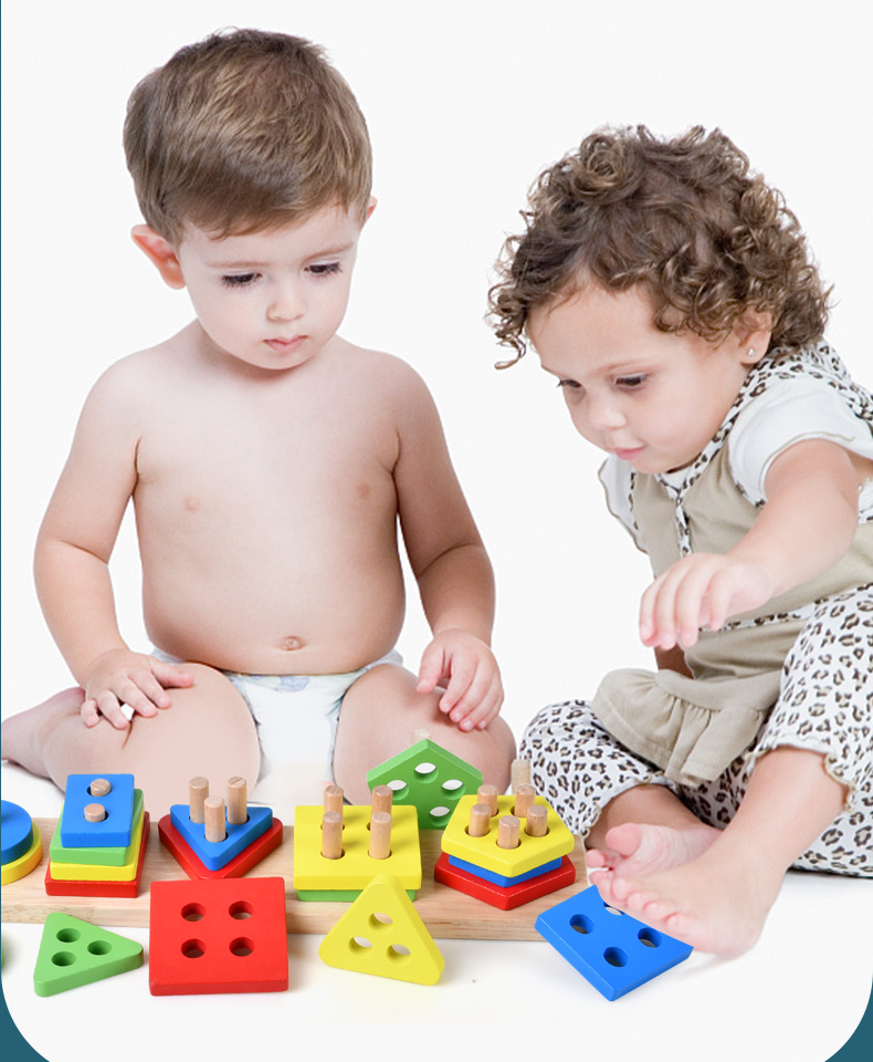 Five sets of wooden geometric-shaped columns, wisdom columns, Montessori early education cognitive building block matching toys for toddlers detail image 10