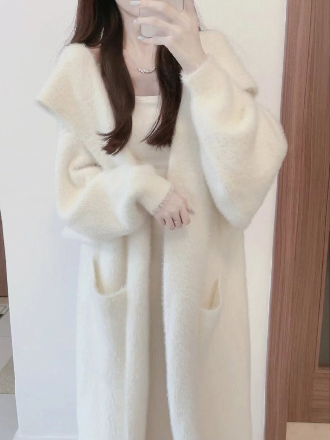 连帽针织衫外套慵懒风水貂绒秋冬中长款女马海毛过膝毛衣开衫大衣