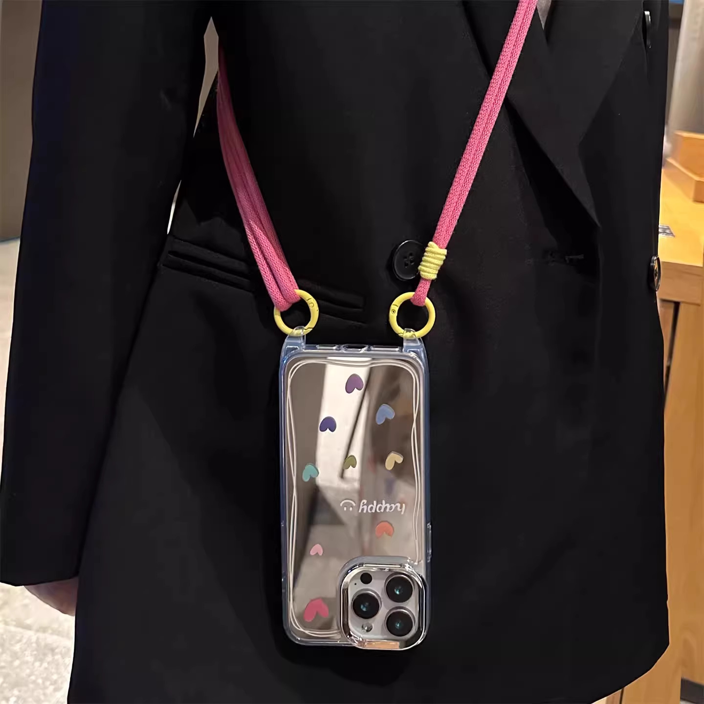 Espejo color creativo amor adecuado para Apple 16ProMax funda para teléfono móvil 15/14 mensajero 15Pro cuerda 13 mujer