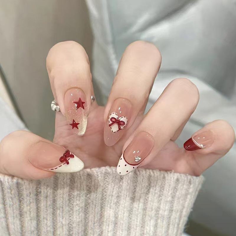 Red Bow Polka Dot Rhinestone Star Cat Eye Dazzling Versatile European and American Ins Style Detachable Wearable Nails 30 Pieces Red Bow Polka Dot Rhinestone Star Cat Eye Dazzling Versatile European and American Ins Style Detachable Wearable Nails 30 Pieces