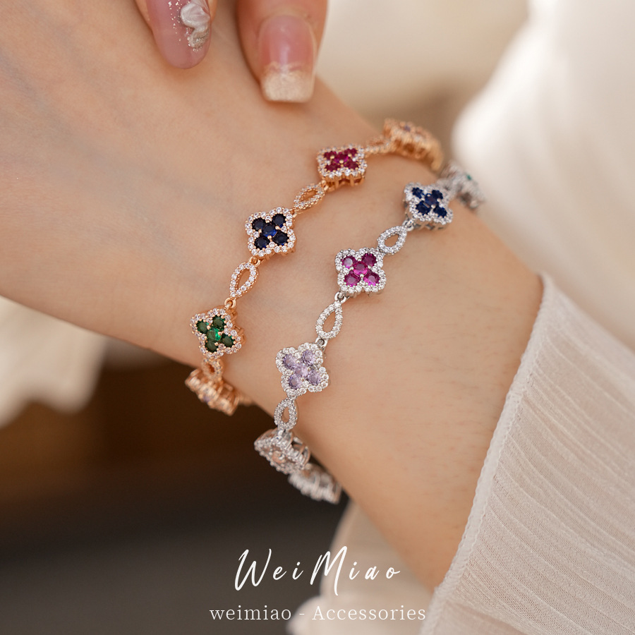 Medieval vintage color zircon flor de hierba de la suerte pulsera de hebilla pulsera lujosa pulsera de alta sensación joyas delicadas