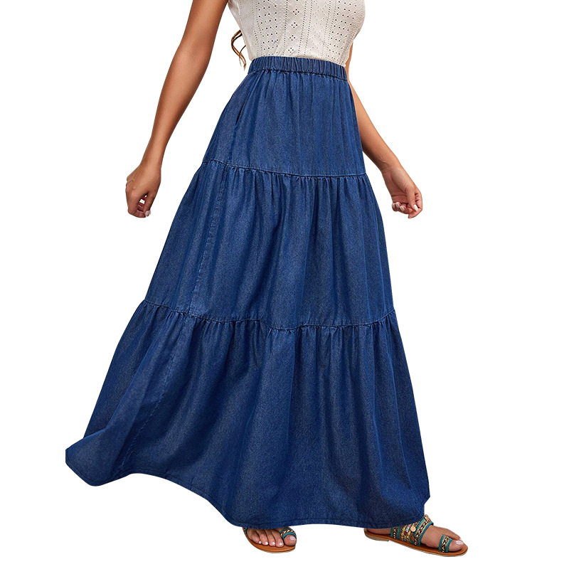 Jupe maxi en jean grande taille avec poches en coton stretch_voghion.com