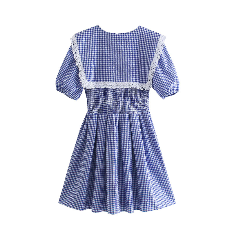 Lace Stitching Doll Collar Plaid Short-Sleeved Dress NSBRF101653