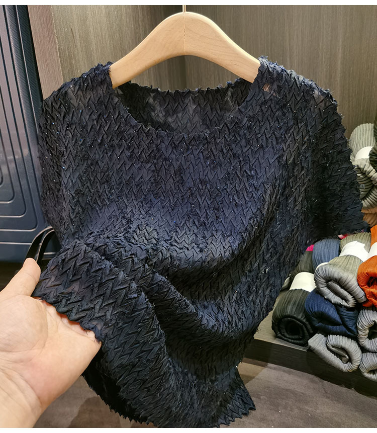 Áo thun cổ tròn dáng rộng tay ngắn xếp ly bèo nhún mùa hè — Màu đen, Màu xanh navy, Màu đỏ hoa hồng, Màu trắng chi tiết 9
