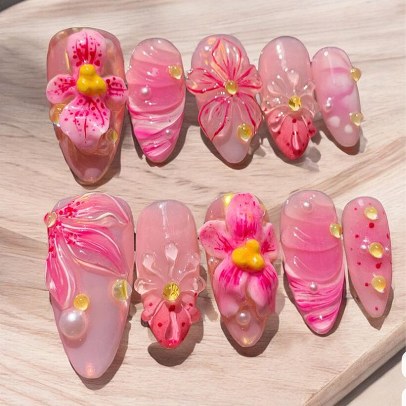 30 Pieces of Cross-Border New Almond Wearable Nails Ins Style Orange Gradient Fake Nails Glue Bubble Beads Manicure Nails