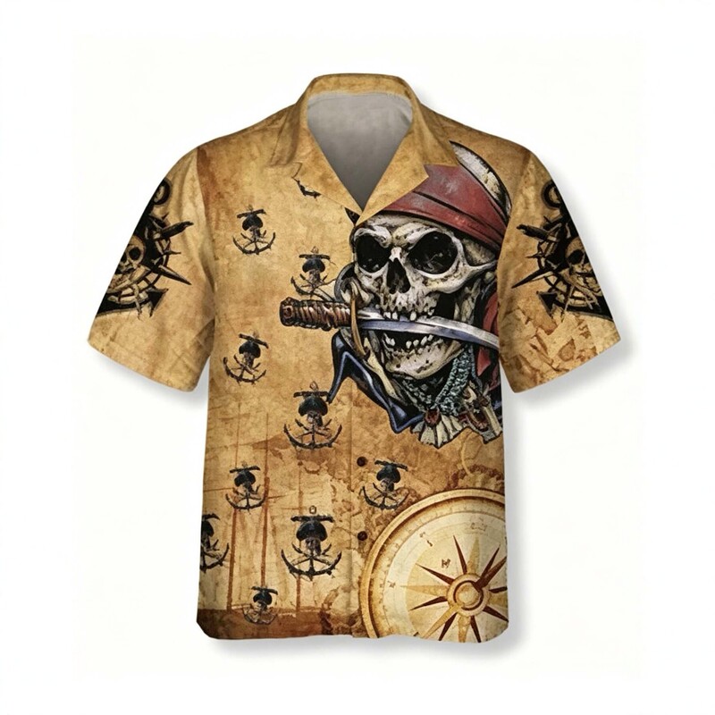 Cross-Border Vintage Treasure Map Pirate Skull Anchor Compass Print Cuban Collar Men's Trendy Short-Sleeve Shirt