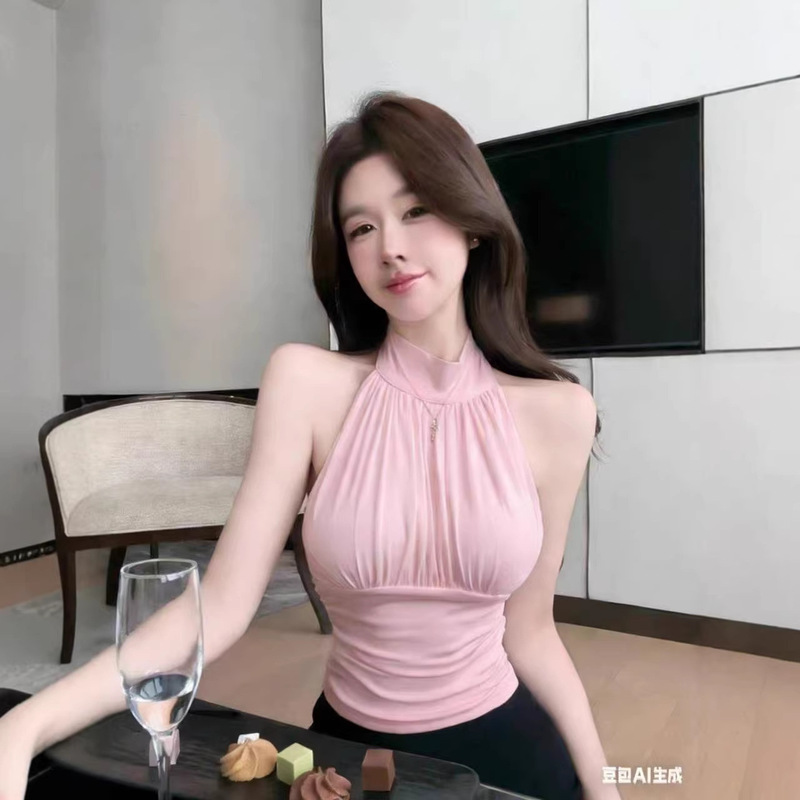 Summer New Style Pure Desire Style Pleated Halter Neck Tie Vest Slim Fit Women's Top with Fixed Chest Pads