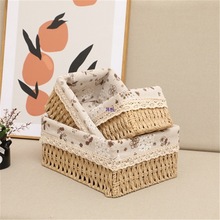 把手草编桌面遥控创意收纳筐杂物发饰收纳盒手工藤编布艺编织陶琪