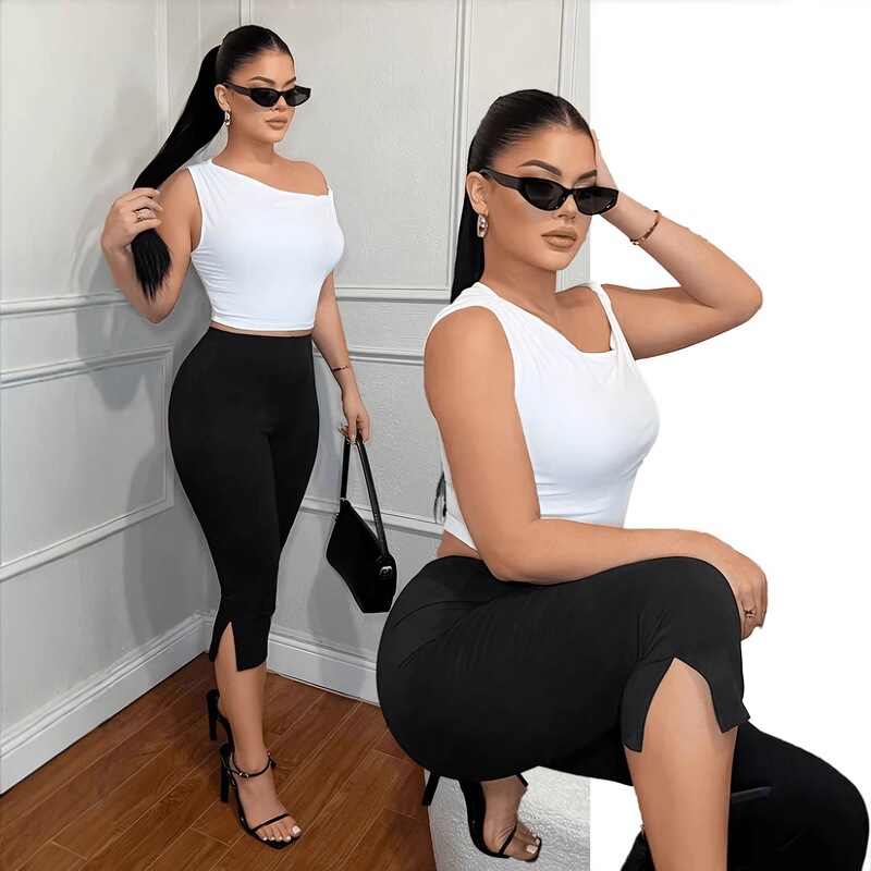 Cross-Border 2026 Amazon European and American Summer Women's Elastic Waist Casual Pants Slim Fit Split Leggings