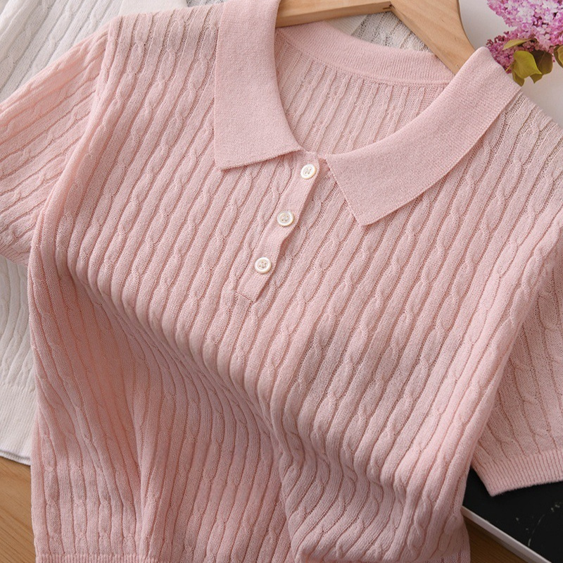British Style Japanese Imported Washi Yarn Three-Button Polo Knitwear with Draped Shape, Skin-Friendly and Breathable Short-Sleeved T-Shirt