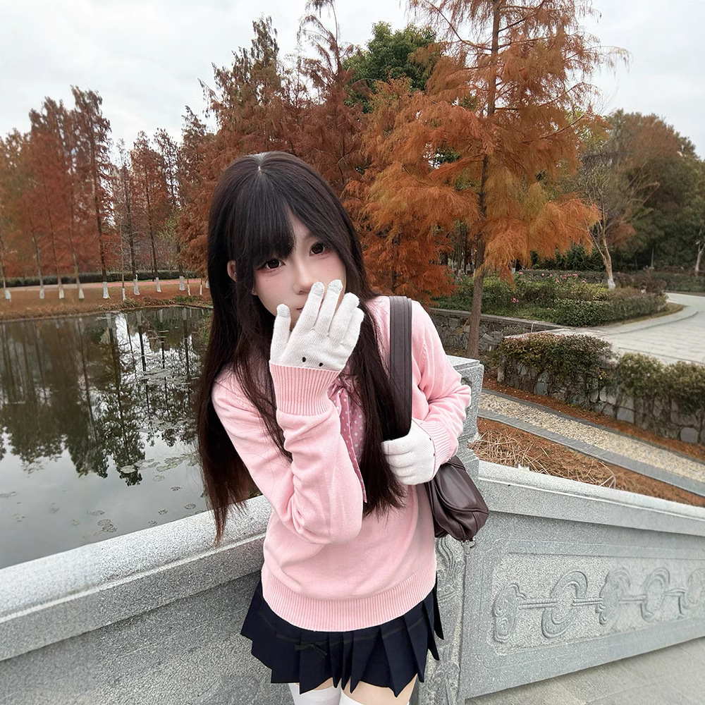 작은 토끼 원래 JK 가짜 두 단색 풀오버 스웨터 일본 유니폼 대학 스타일 긴 소매 스웨터 가을과 겨울 여성