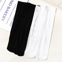 Lolita Japanese-style holey leg socks for women, spring and summer thin black stockings with white personalized knee-high socks