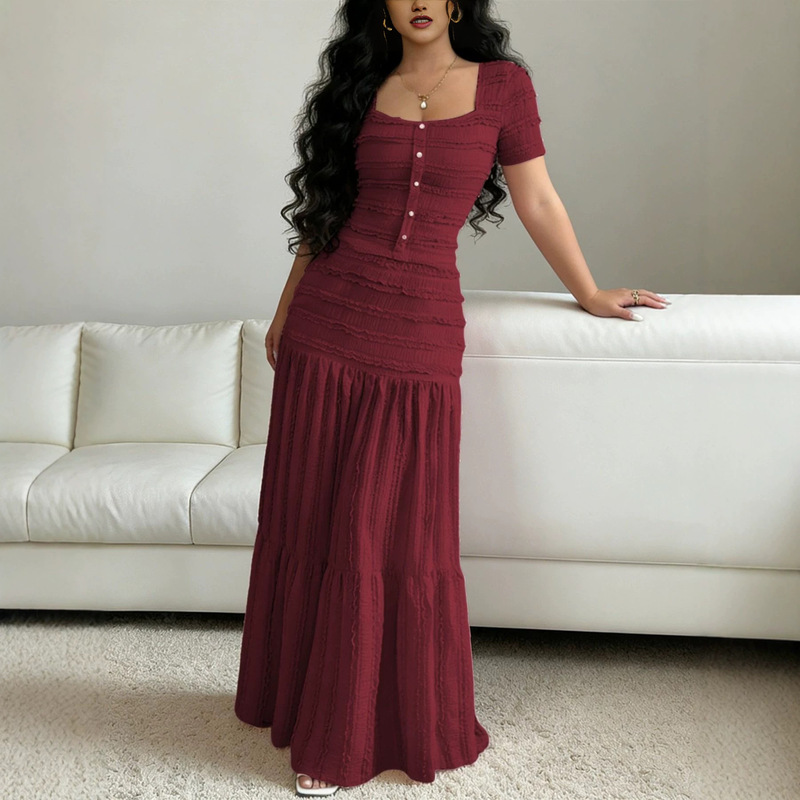 Ladies' Casual and Elegant Evening Party Sweet and Cute Short-Sleeved Square-Neck T-Shirt and Skirt Set