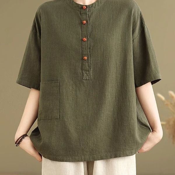 Plus Size 2025 Summer New Vintage Linen Button Pocket T-Shirt for Women, Loose Fit, Slimming, Fashionable Short-Sleeve Top Plus Size 2025 Summer New Vintage Linen Button Pocket T-Shirt for Women, Loose Fit, Slimming, Fashionable Short-Sleeve Top