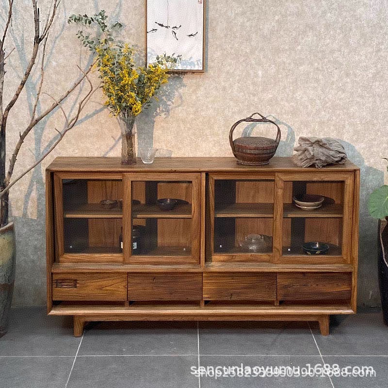 Wabi-Sabi Style Solid Wood Sideboard, Antique Style Display Cabinet, B&B Living Room, Wall-Mounted Low Cabinet, Coffee Cabinet, Glass Storage Cabinet