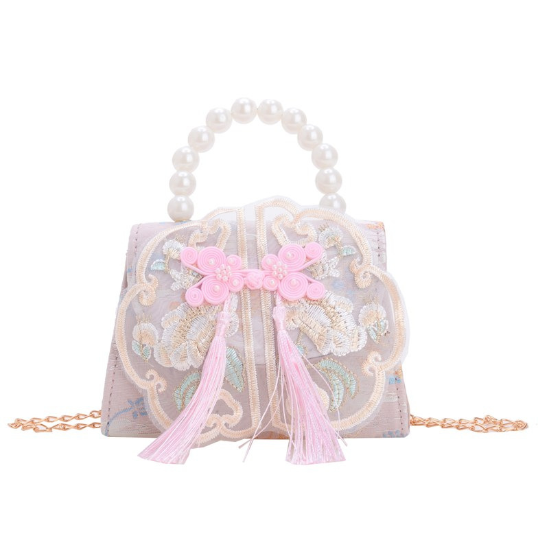 Bolso bandolera para niñas de estilo chino nuevo bolso bandolera para niños con borla portátil de perlas 2024 nuevo bolso de cadena para niños