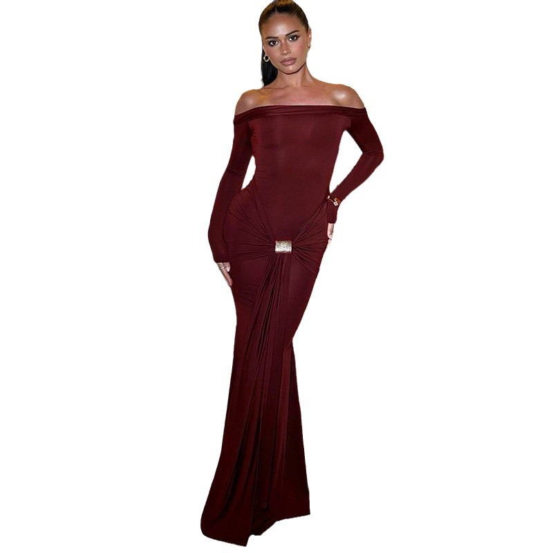 2024 otoño y invierno nuevo estilo europeo y americano ropa de mujer temperamento de moda de hombro de color sólido de manga larga delgada vestido de cadera para mujeres