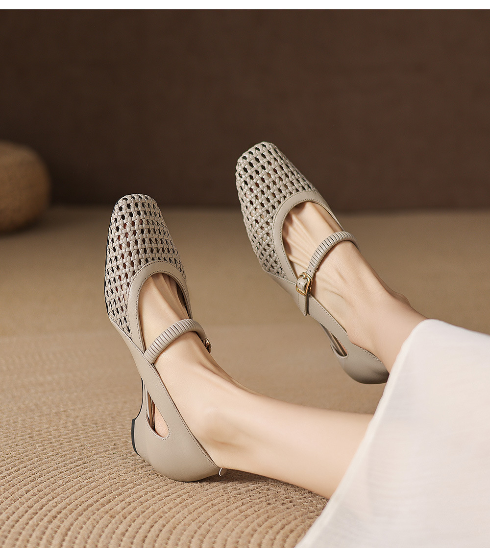 Giày sandal nữ gót thấp 3 cm mũi vuông hở bên da cừu đi làm — đen chi tiết 7