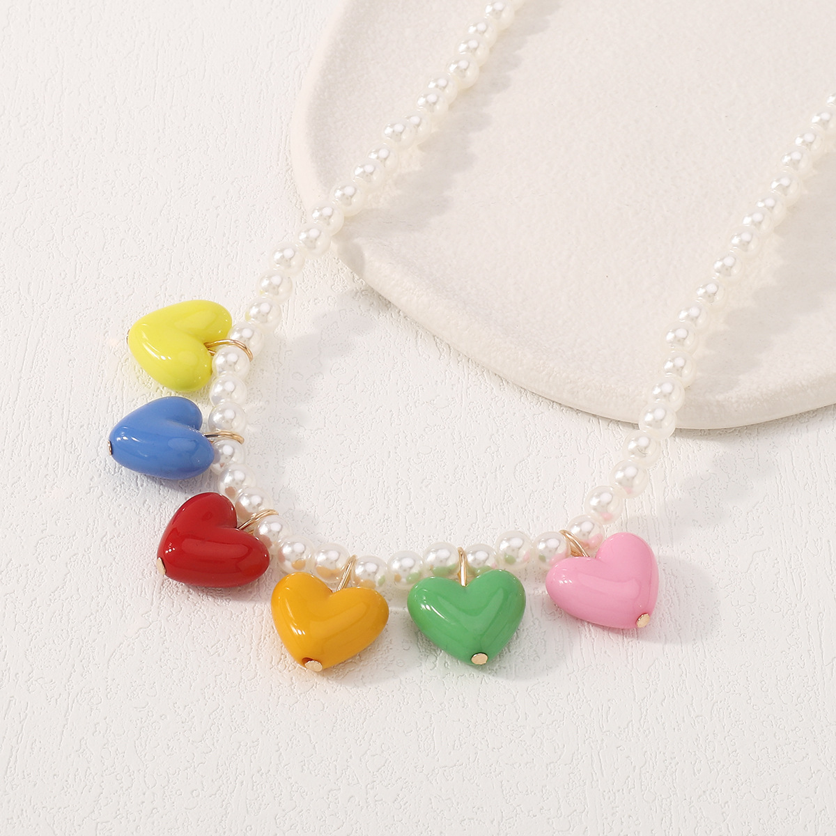 simple Rainbow Heart Pendant Pearl Necklace