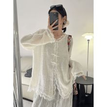 韩国雪花麻春夏季长袖防晒罩衫女新款设计感盘扣宽松小众别致上衣