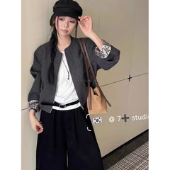 韩版休闲圆领设计感短款外套女2025秋季新款小个子拼接袖夹克上衣