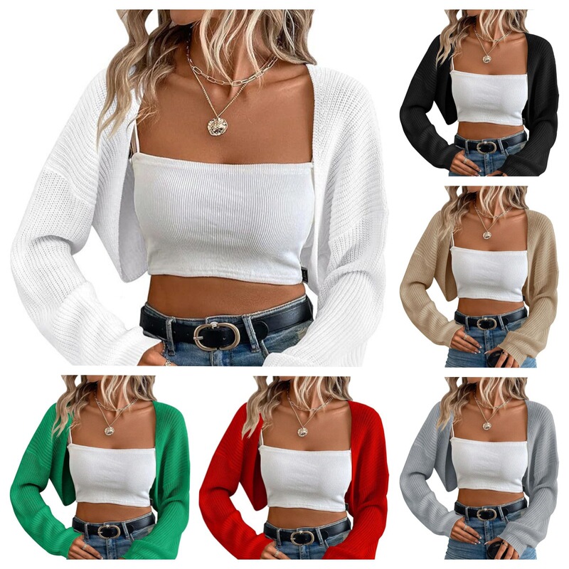 European and American Knitted Sweater Women's Cardigan Shawl Cross-border Foreign Trade Long-sleeved Knitted Short Short Top Shawl Front Cardigan Women