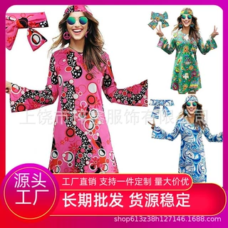 跨境欧美亚马逊万圣节印花连衣裙年代嬉皮喇叭袖圆领连衣裙