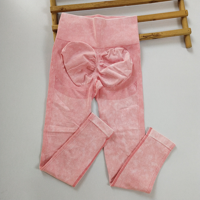 Pantalones de yoga sin costuras de punto lavados transfronterizos, cintura alta, glúteos, ropa de yoga esmerilada, pantalones de fitness para correr deportivos delgados de verano