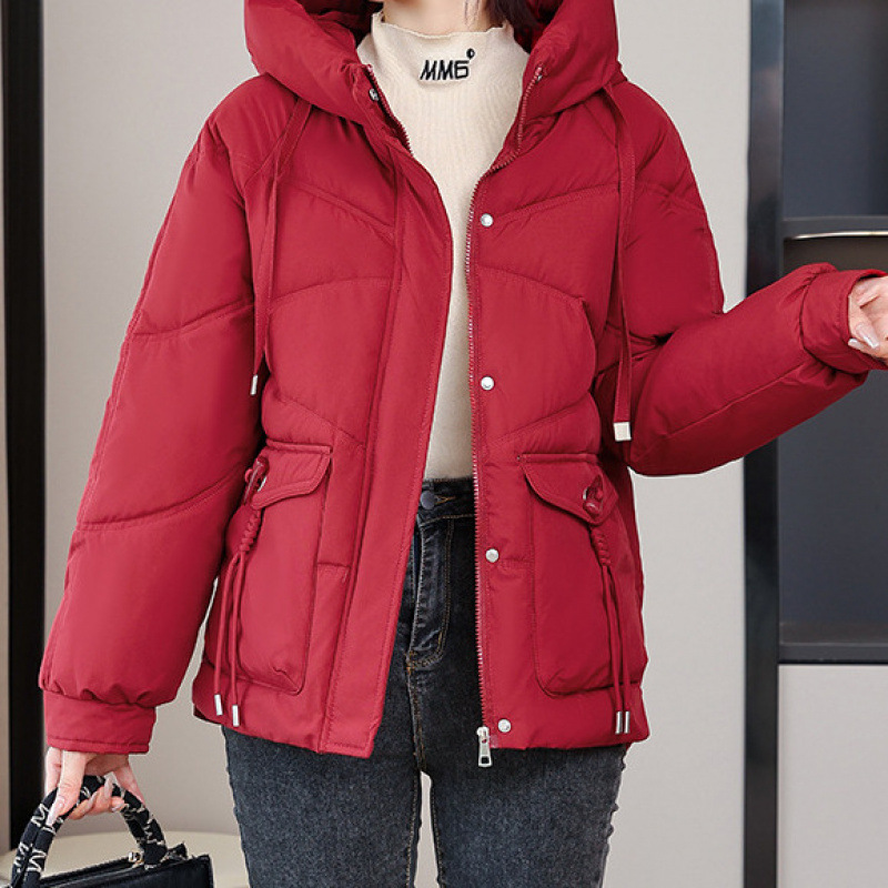 冬季新款棉服连帽加厚棉衣时尚洋气安哥拉红棉袄氨纶公主袖