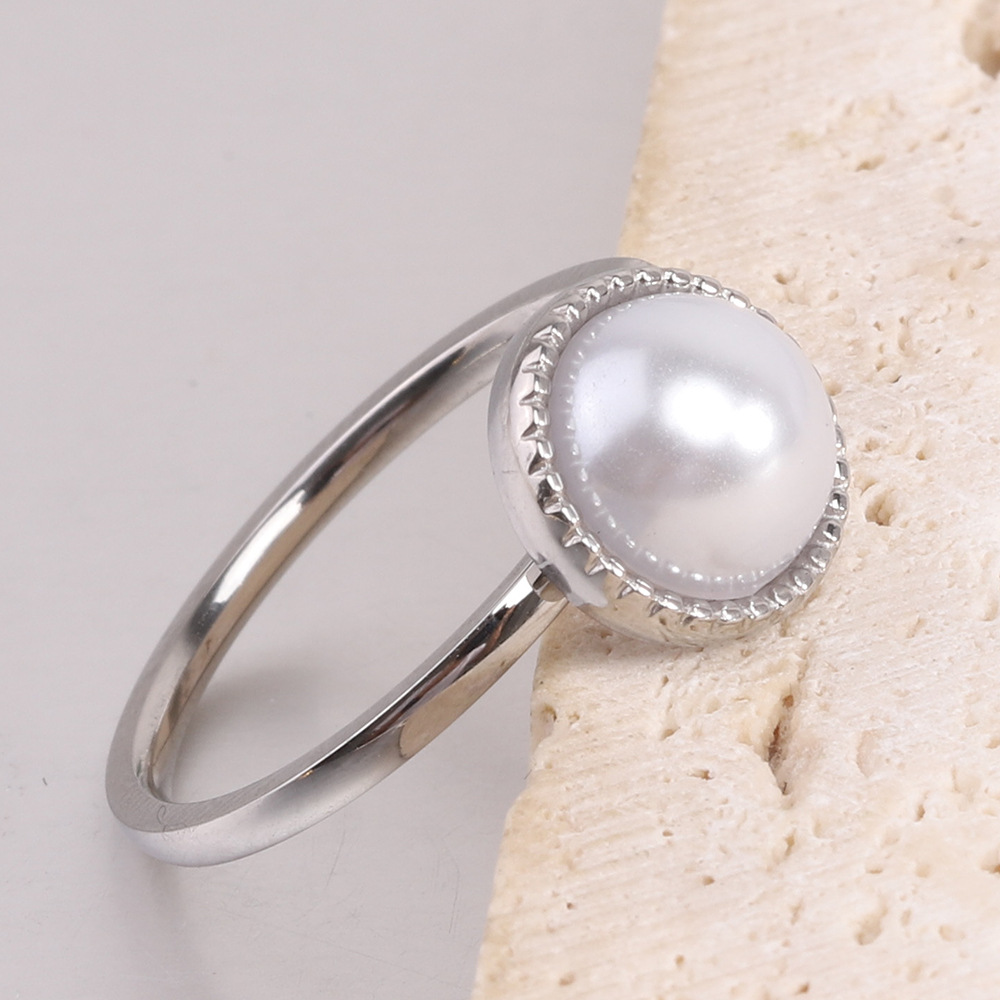 Titanium Steel Material Simple Style Round Titanium Steel Pearl Pearl Rings