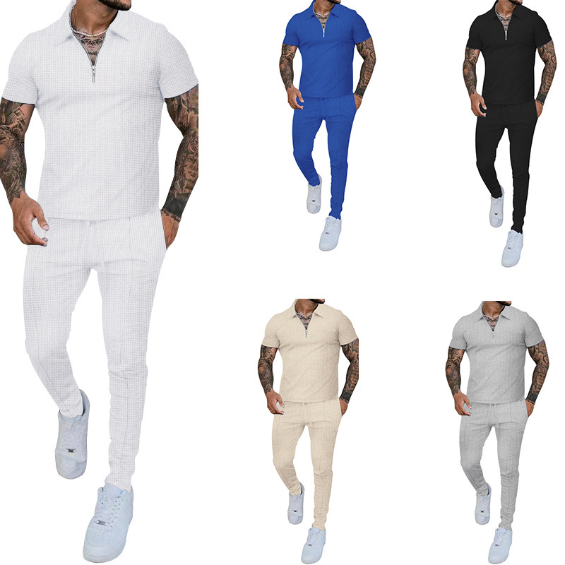 Men's Clothing 2024 summer cross border menswear popular slim fit trend youth casual short sleeve shorts suit men_voghion.com