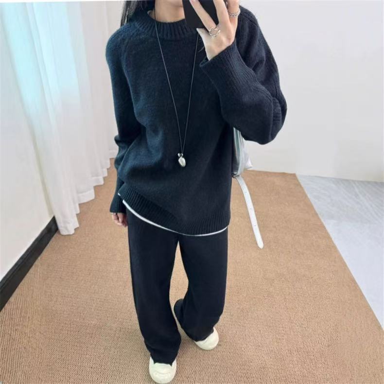 欧美跨境新款圆领宽松慵懒风简约长袖套头毛衣针织阔腿裤两件套|undefined