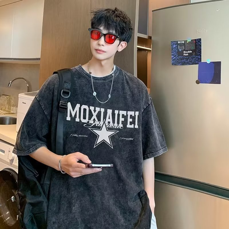 2023 여름 반소매 티셔츠 남성용 홍콩 스타일 심플한 올 매치 느슨한 반소매, 패션 브랜드 한국식 반소매 티셔츠