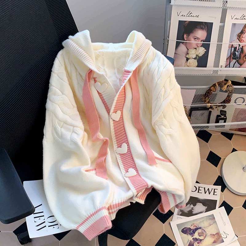 秋冬の女性用レイジースタイルフード付きセータージャケット、ゆったりとしたデザイン、甘い年齢を軽減するニットカーディガントレンド|undefined