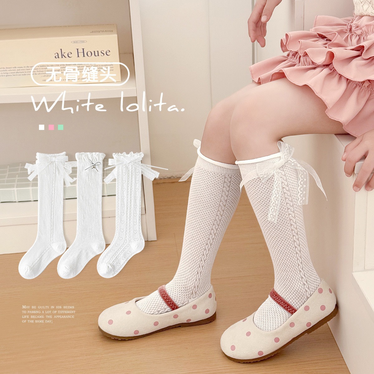 Long Tube Kidsren's Socks Girls' Socks White Bow Princess Socks Summer Thin Boneless Combed Cotton Calf Socks