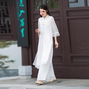 D6X Zen Tea Dress Literary Retro Improved Hanfu Women's Suit Chinese Style Ethnic Slim-Fit Cheongsam Chiffon Dress