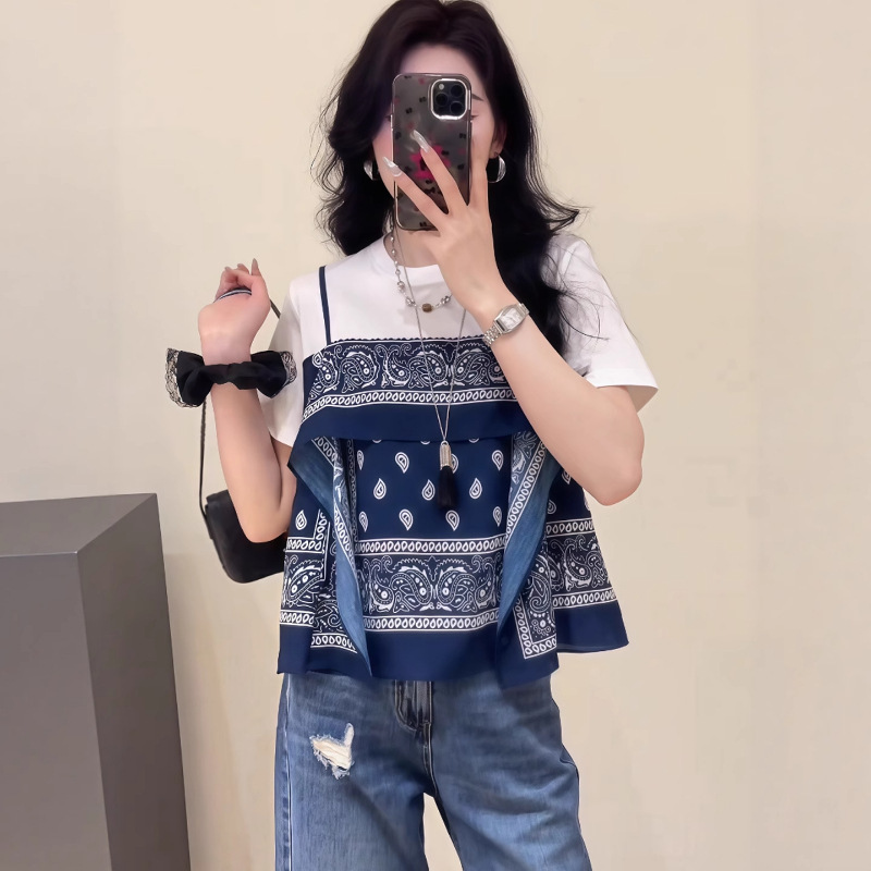 夏の女性向けエスニック風半袖Tシャツ、小さめ、ユニークなデザイン、おしゃれなフェイクツーピース半袖トップス|undefined