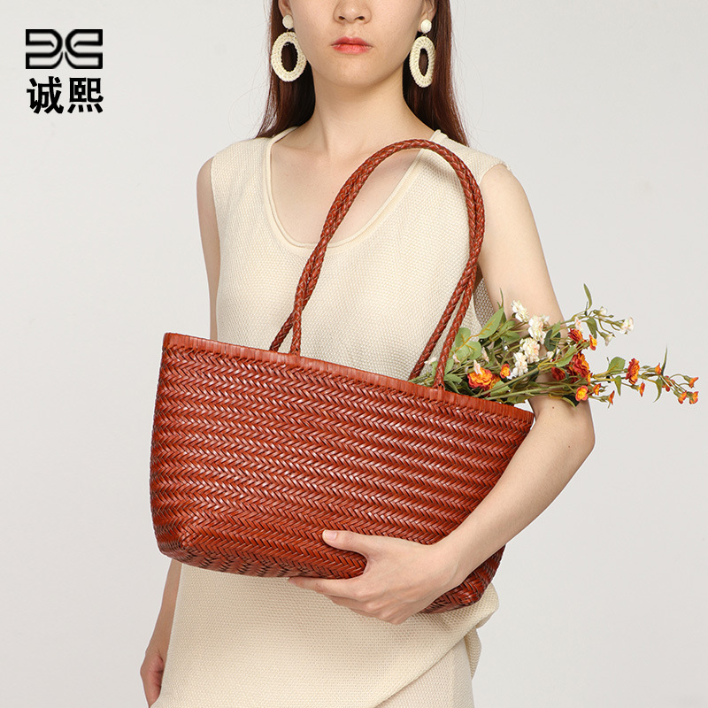 Luxury Beach Vacation Handbag Retro Genuine Leather Woven Bag Fashion Mother-Daughter Set Shoulder Underarm Tote Bag - Thumbnail 2