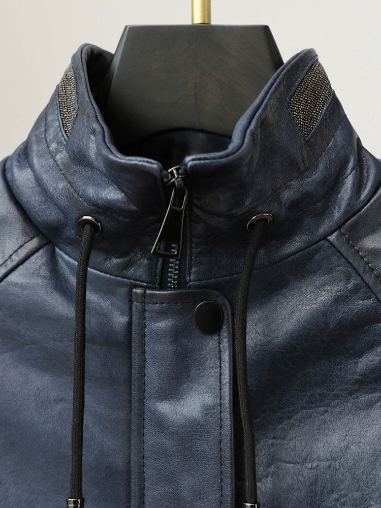 Демисезонная короткая кожаная куртка - натуральная кожа, голубая/зелёная овчина и черная/красная телячья кожа, размеры M-L-XL