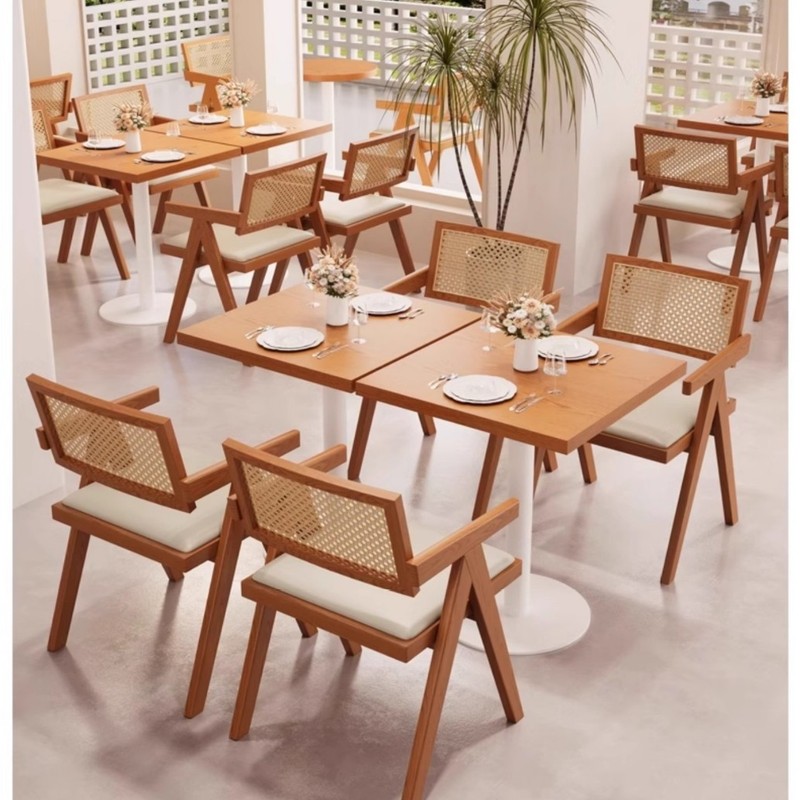 原木风餐桌椅奶茶店甜品店实木藤编餐椅西餐厅日式网红店桌椅组合|undefined