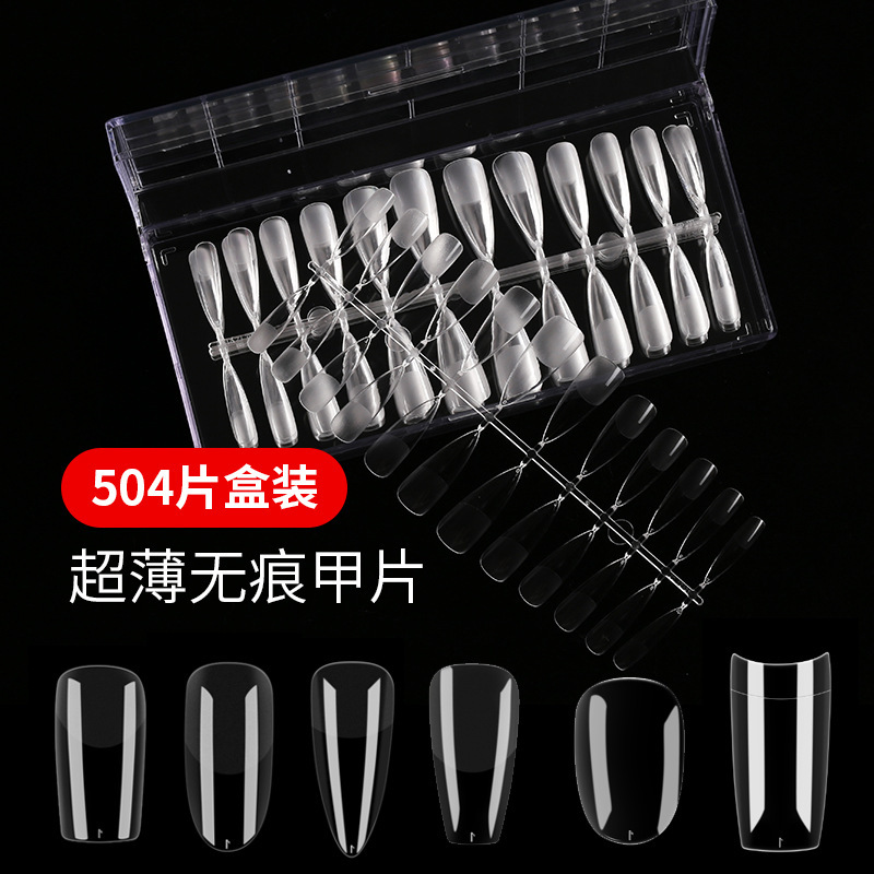 504 Pieces Boxed Mosi Manicure Nails, Transparent, Traceless, No-File Needed, Full and Half Cover False Nails, Ultra-Thin and Traceless